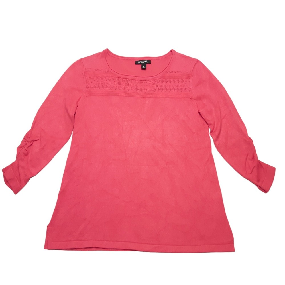 Roz and Ali Top Womens Medium Coral Pink Ruched Sleeve‎ Textured Knit Rayon